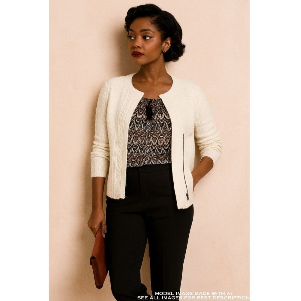 Knitted and Knotted Wool Cardigan S Cable Knit Fisherman Neutral 100% Wool
